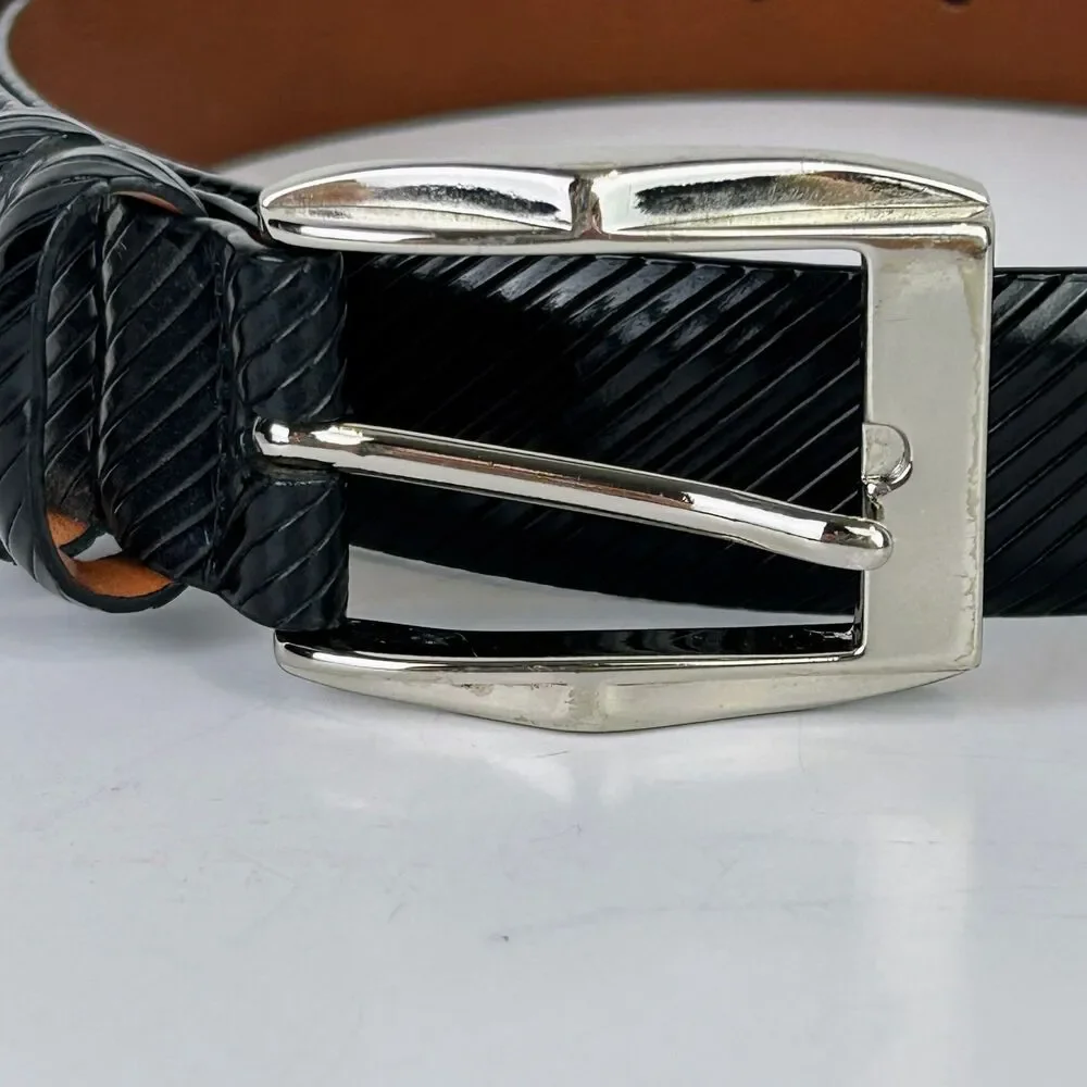 Johnston & Murphy Black Raised Stripe Calf Leather Belt Silver Buckle Men's 36